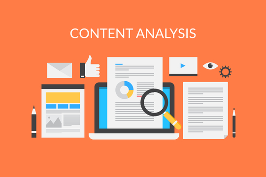 Content research on laptop screen, web content analysis, search content information illustration with icons Content research on laptop screen, web content analysis, search content information illustration with icons